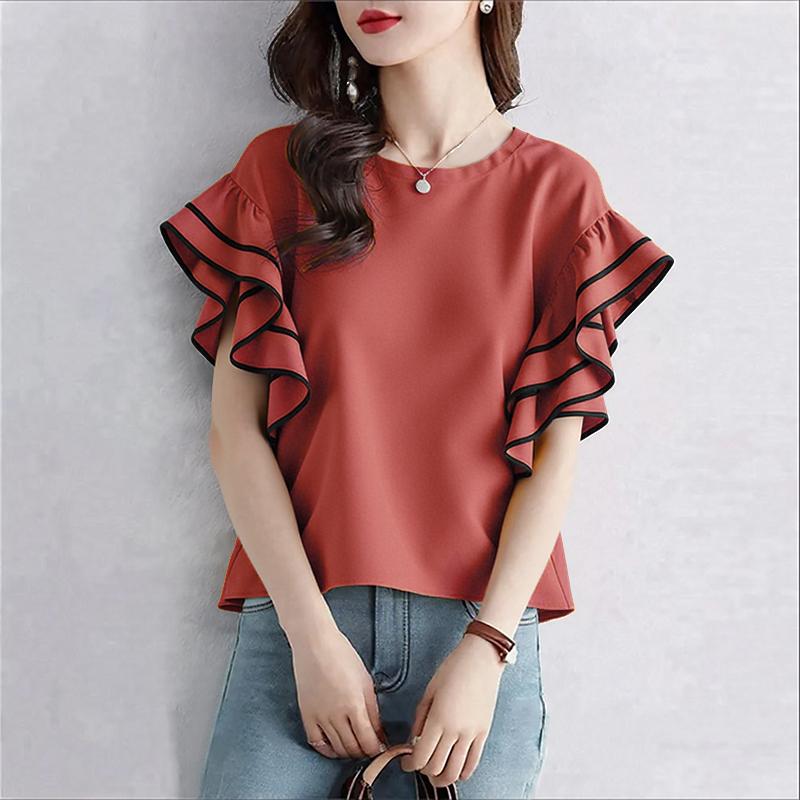 

ZANZEA Женская повседневная блузка с круглым вырезом, рукавами-рюшами и свободного кроя для лета 5XL камео розовый