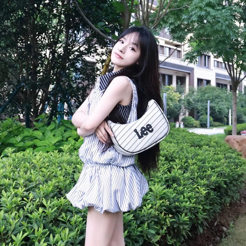 New Lee Fabric+Artificial Leather Crescent Bag, Underarm Shoulder Bag Women's Ecru LE240073M-903