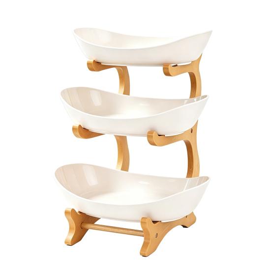 Multi Layer Fruit Basket with Bamboo Stand, Plastic Tiered Snack Tower for Candy Nuts, Space Saving Kitchen Counter Organizer for Living Room