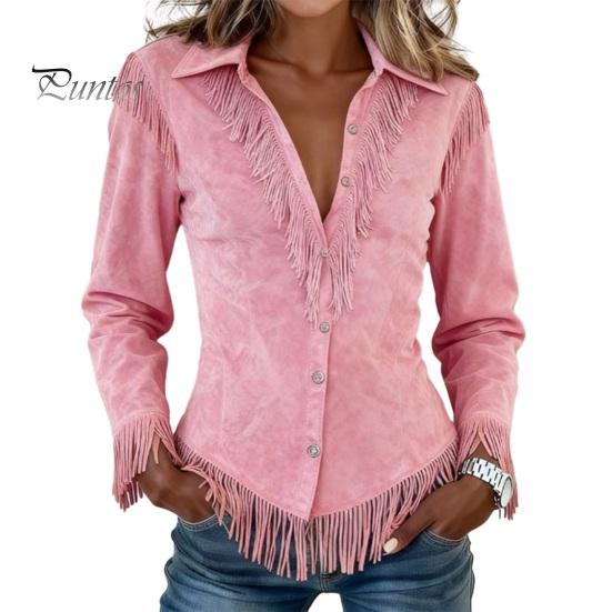 Women Tassel Shirt for Autumn, Button Down Slim Fit Fringe Long Sleeve Top Blouse, Solid Color Casual Top, Western Cowgirl Outfit Elegant Date