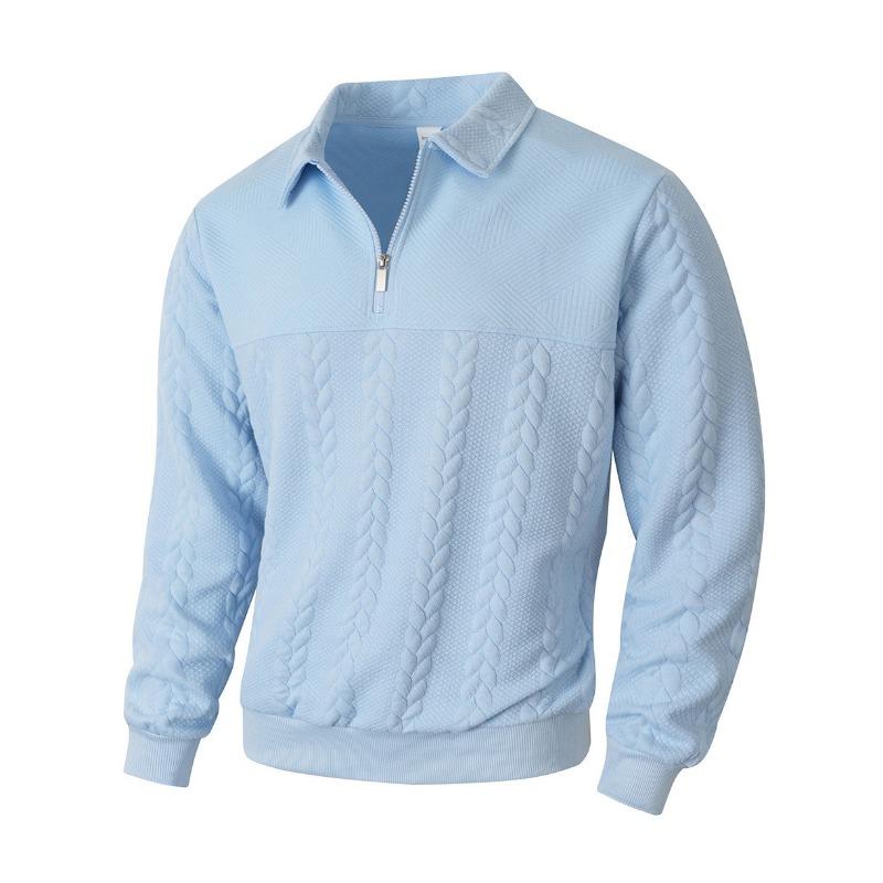 Men S Solid Color Jacquard Splice Half Zip Long Sleeve Polo Shirt