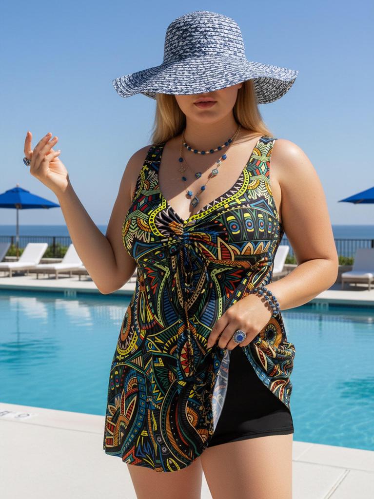 European & American Plus Size Slimming Two-Piece Tankini Swimsuit with Drawstring Skirt and Printed Briefs