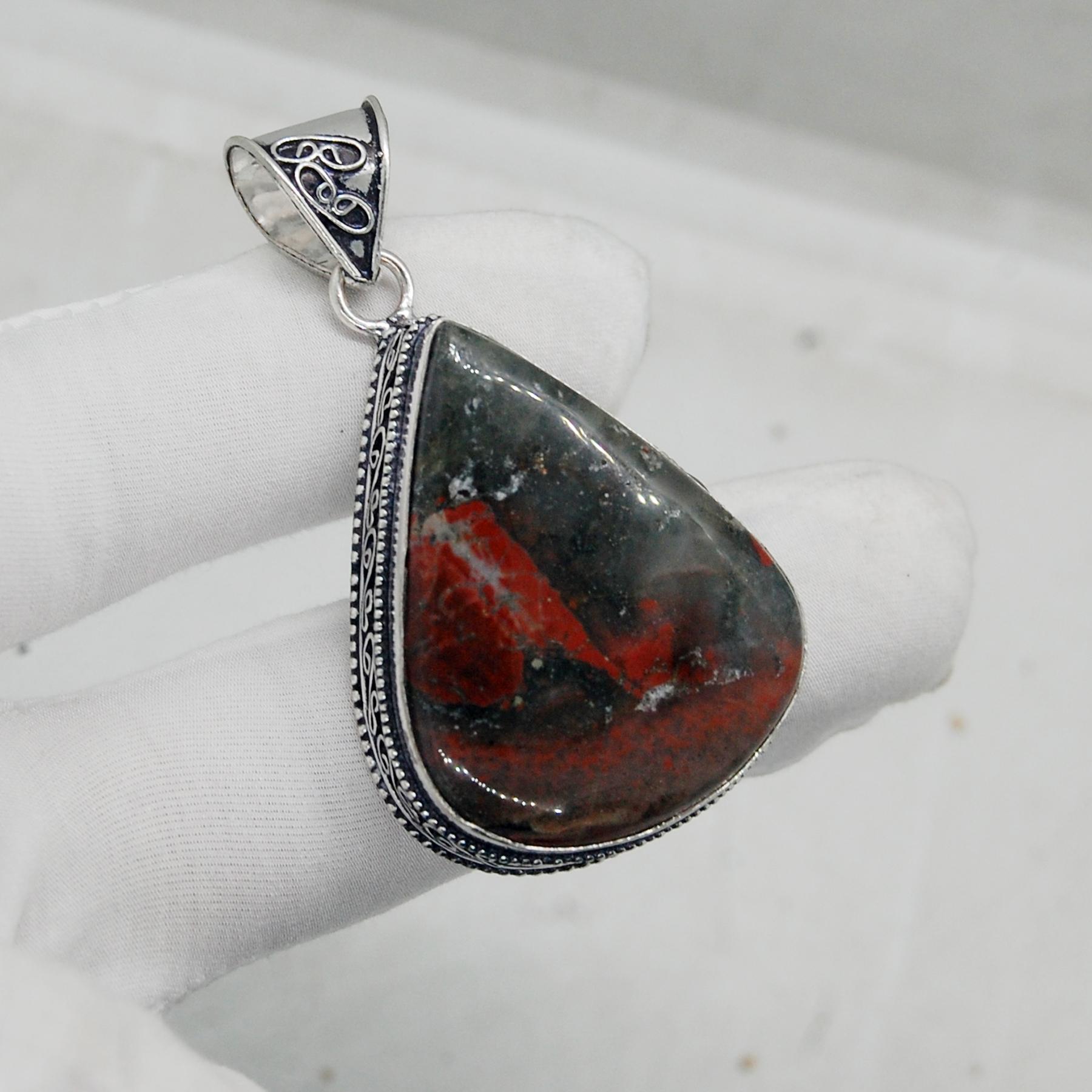 

Pear Cab African Bloodstone 925 Sterling Silver Pendant Jewelry, Designer Bloodston Pendant