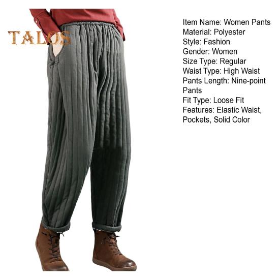 Women Casual Pants Elastic High Waist Loose Fit Thickened Sweatpants with Pockets Solid Color Casual Trousers