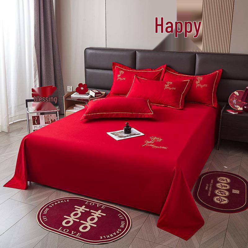 Red Embroidered Wedding Bedding Set: Duvet Cover, Bed Sheet, Pillowcase & Bed Skirt.
