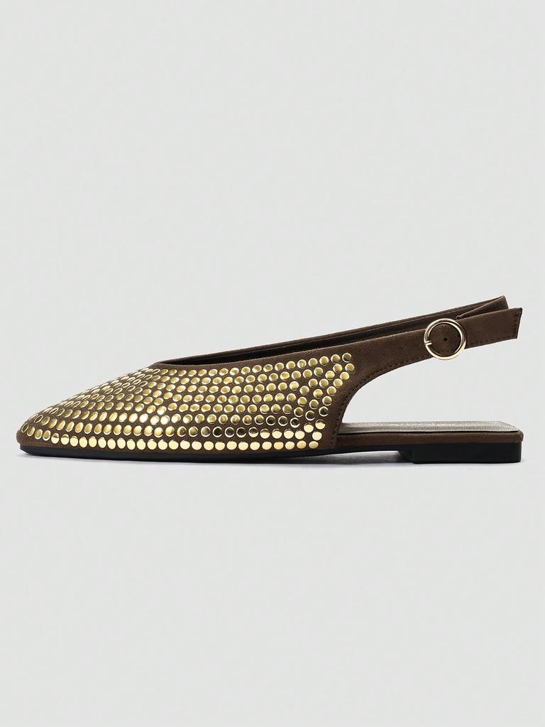 Women's ADAMUMU Black Pointed Toe Mary Jane Flats with Gold Sequin Embellishments & Slingback Buckle Design