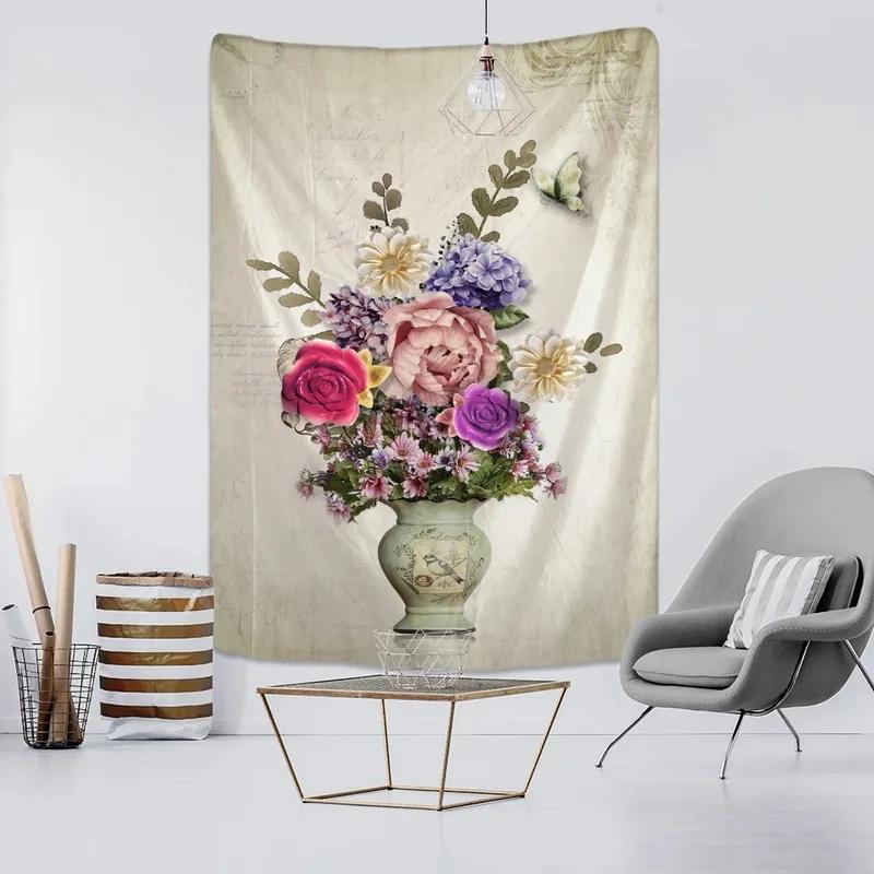 Tapiz de oficina, sala de estar, flores, plantas verdes, tela colgante, decoración de pared para el hogar, tapiz