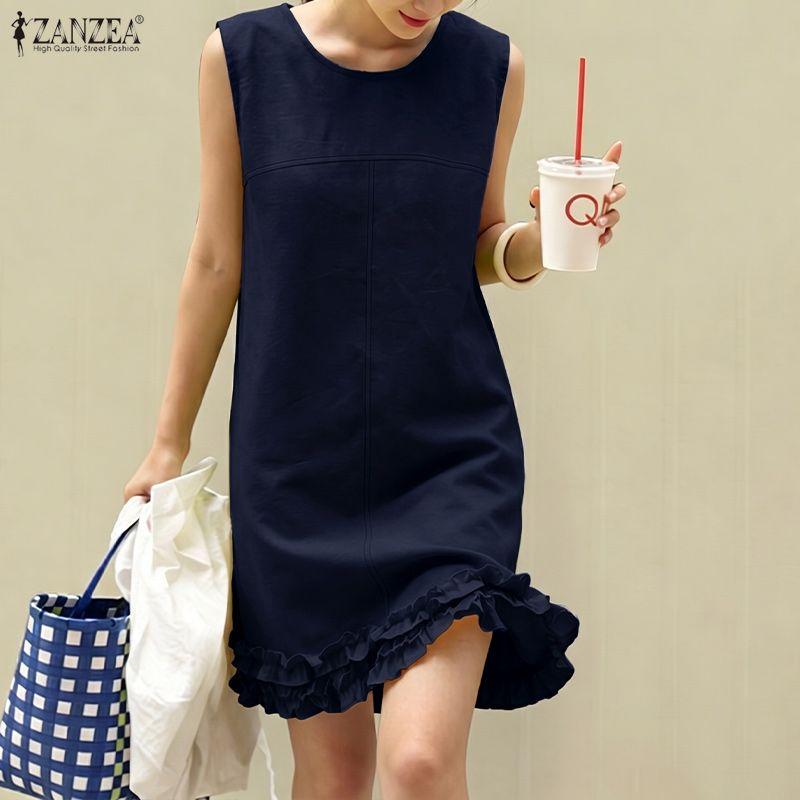 ZANZEA Women Casual Round Neck Solid Color Sleeveless Dress