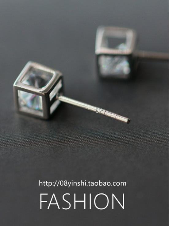 S925 Sterling Silver Cube Diamond Stud Earrings - European & American Style