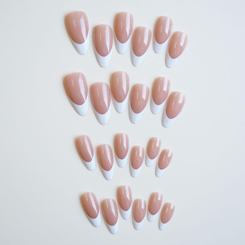 10 Pcs Handmade Minimalist Almond French Press On Nails With White Borders Suitable For All Skin Tones For Women