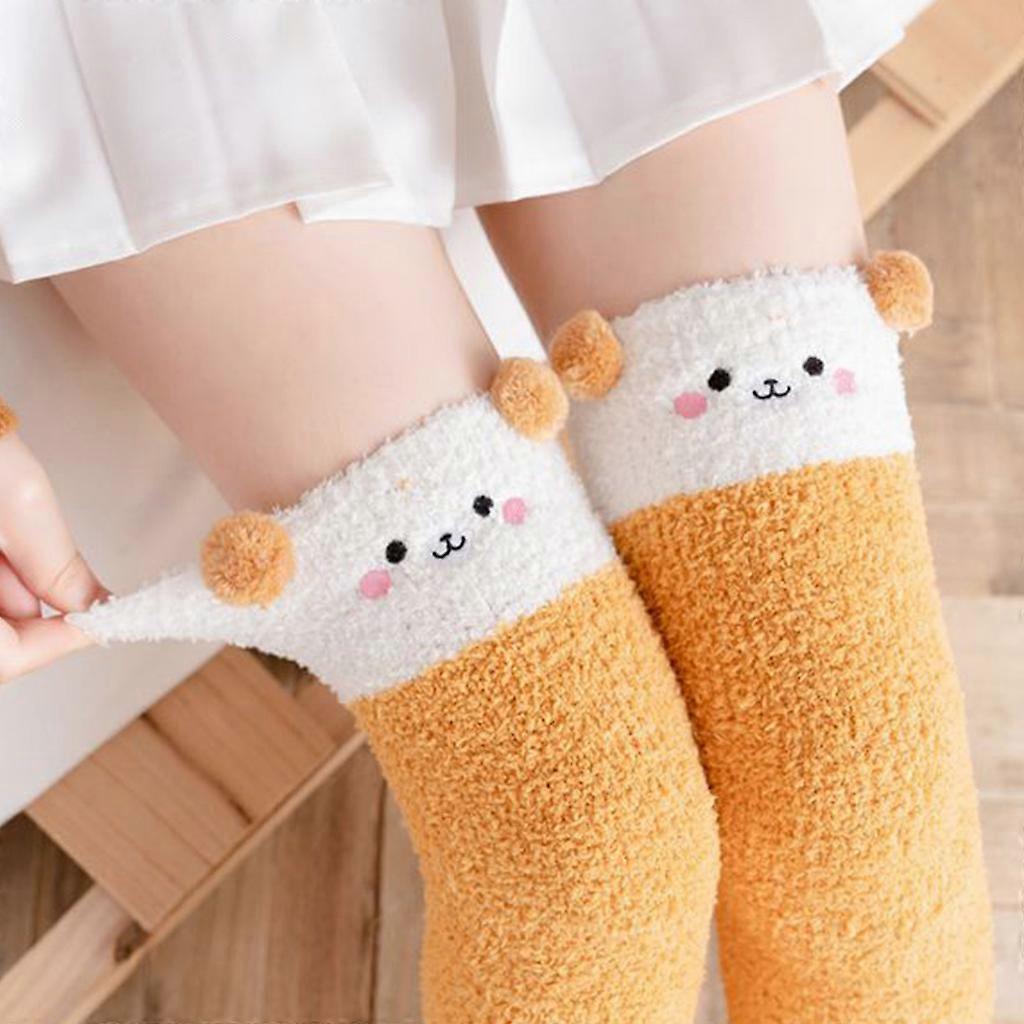 Women Cartoon Thigh High Fuzzy Slipper Socks Cute Animal Embroidery 3D Ears Over Knee Long Stockings Winter Fluffy Plush Warm Leg Warmers