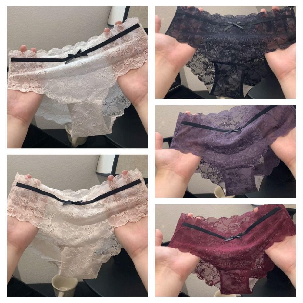 Sweet Bow Lace Flower Panties Transparent Low Waist French Style Briefs Lace Mesh Briefs Lady