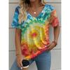 Women's T-Shirt Tie-Dye Gradient Printing Fashion Casual V-Neck Short-Sleeved Outdoor Street Summer Women's Clothing