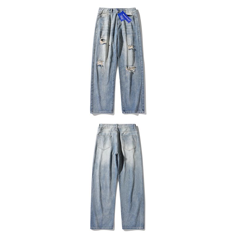 Wassup Ripped Jeans for Men, Summer Thin Style, American High Street Vintage Straight-Leg Long Pants, Versatile Trendy Brand