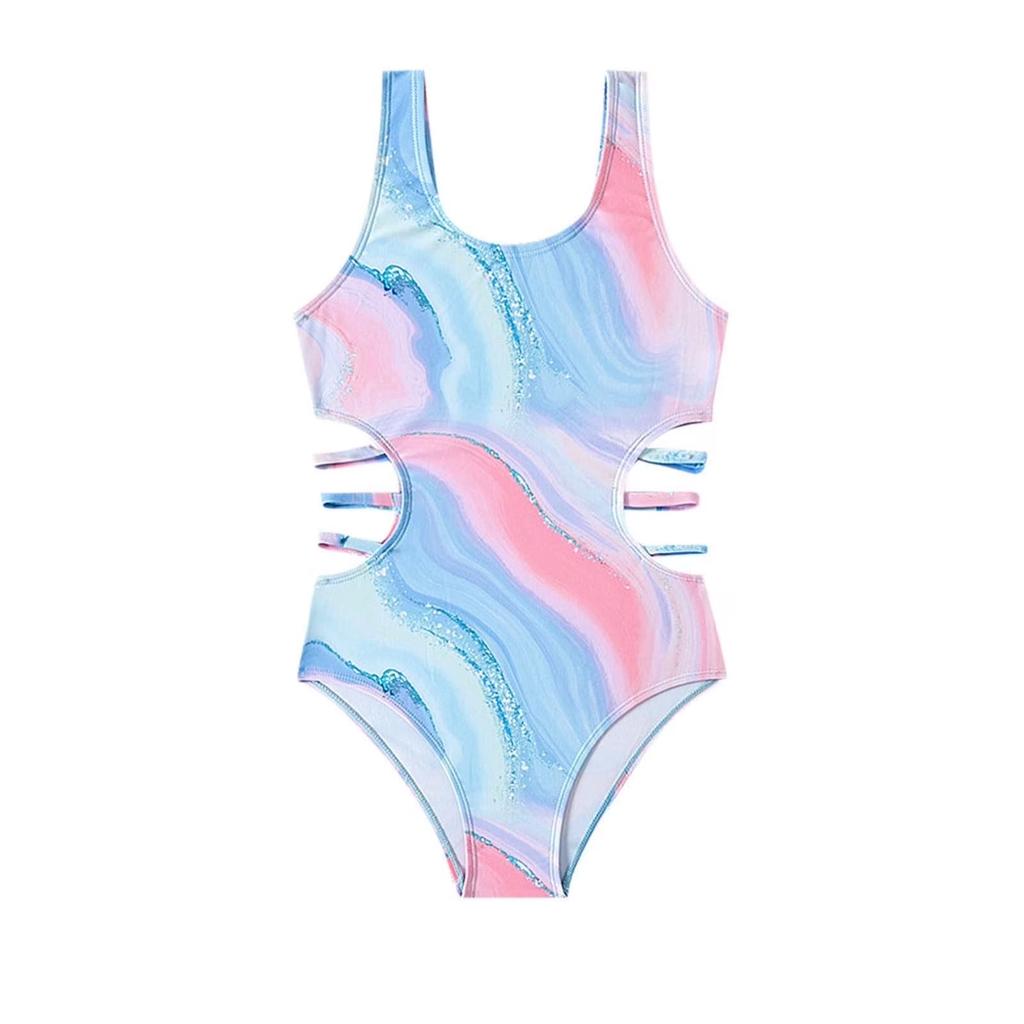 Girls One Piece Swimsuit Tie Dye Gradient Print Cut Out Design Comfortable Fit Lightweight Fabric Suitable for Swimming and Beach Activities