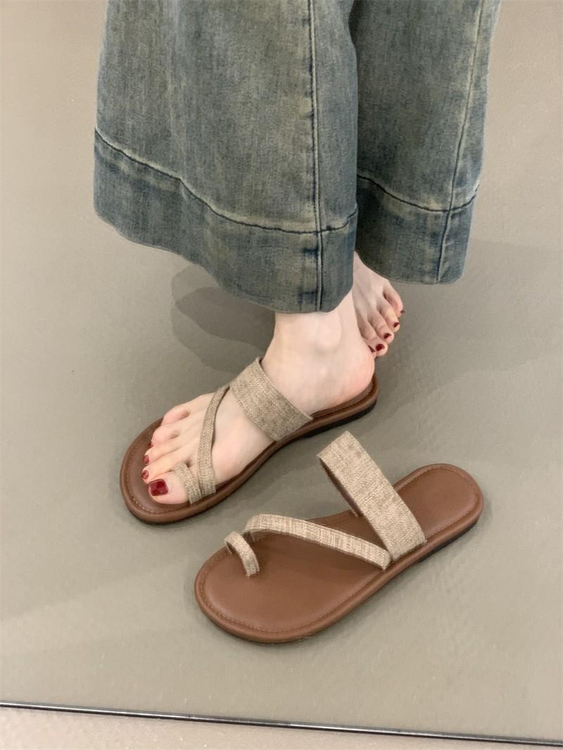 

Set of toe Roman sandals 2025 summer Korean version ins style linen toe holiday beach flat cool slippers women 35