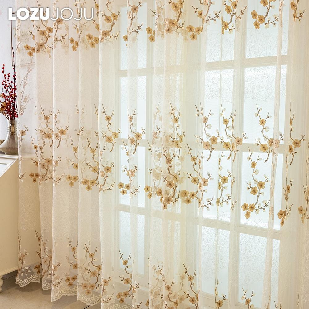 1PC LOZUJOJU European Retro Embroidered Sheer Curtain, Plum Blossom Pattern Transparent Curtain for Living Room Bedroom Balcony Window Home Decor