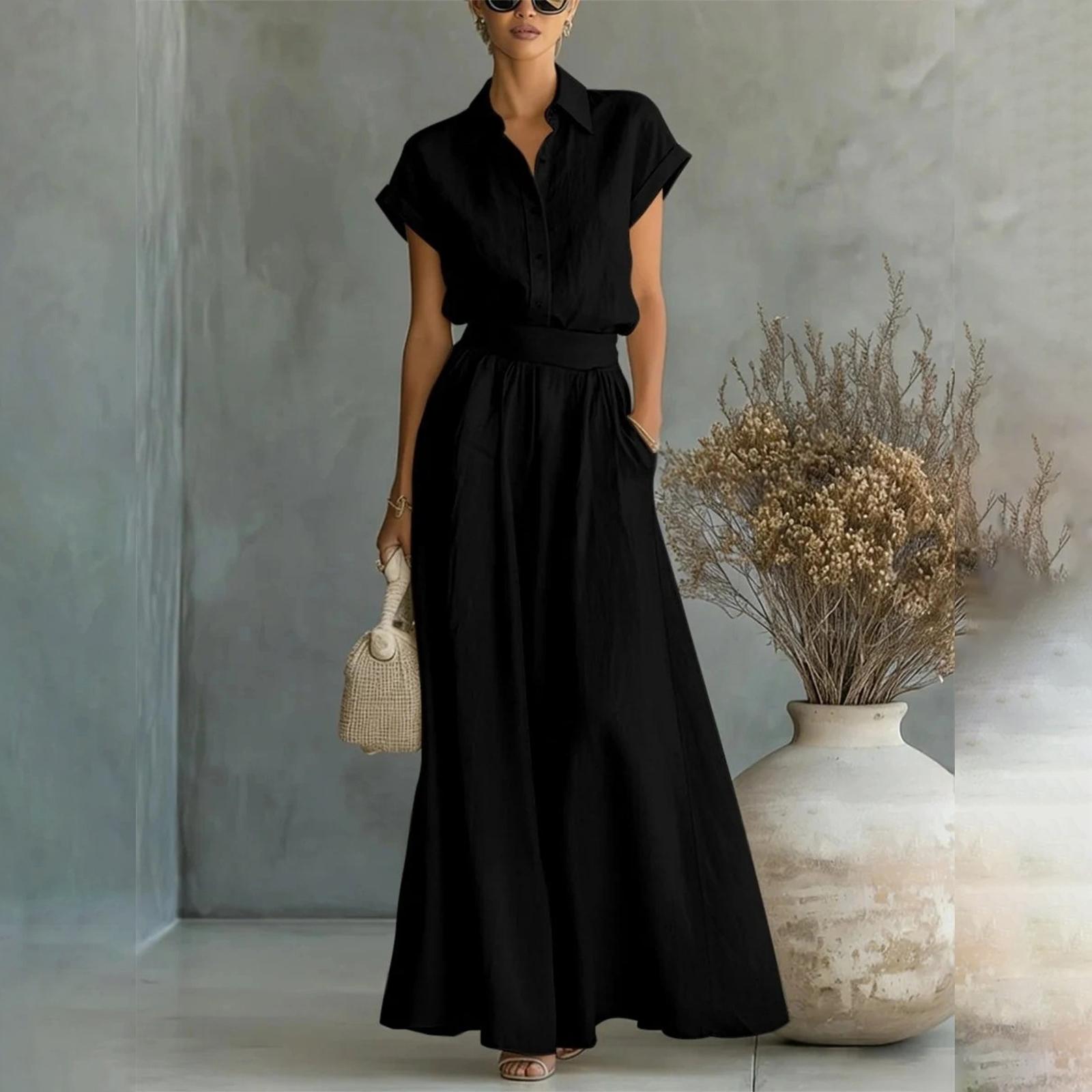 Women s Fashionable Casual Shirt Wide Leg Pants Two-piece Set S чёрный