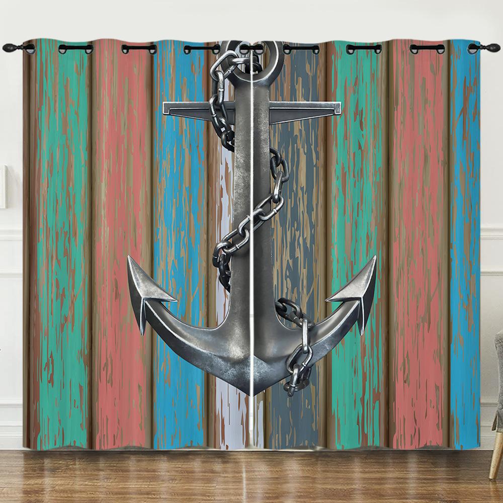 Curtains Nautical Anchor 3D Digital Printing Blinds Blackout Punching Can Be