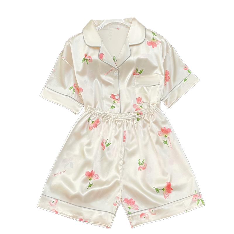 Summer New Ladies Sweet Satin Silk Floral Printed Pajamas Set Short Sleeve+Pants Women Cute Homewear Casual Wear
