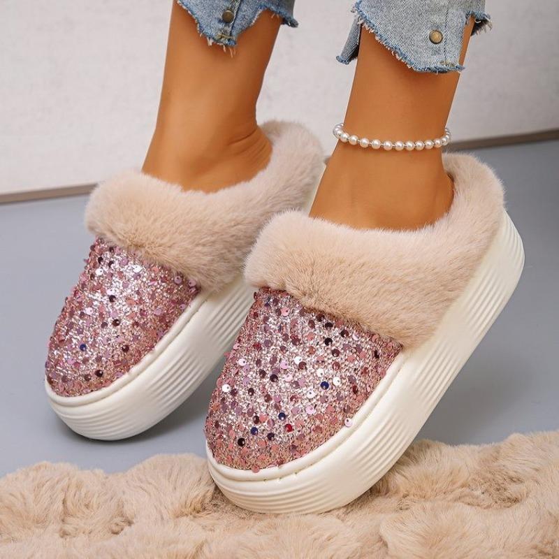 Large Size Women's Platform Cotton Shoes, Piled and Thickened Autumn and Winter New Snow Boots, Sequined Fashion Snow Boots