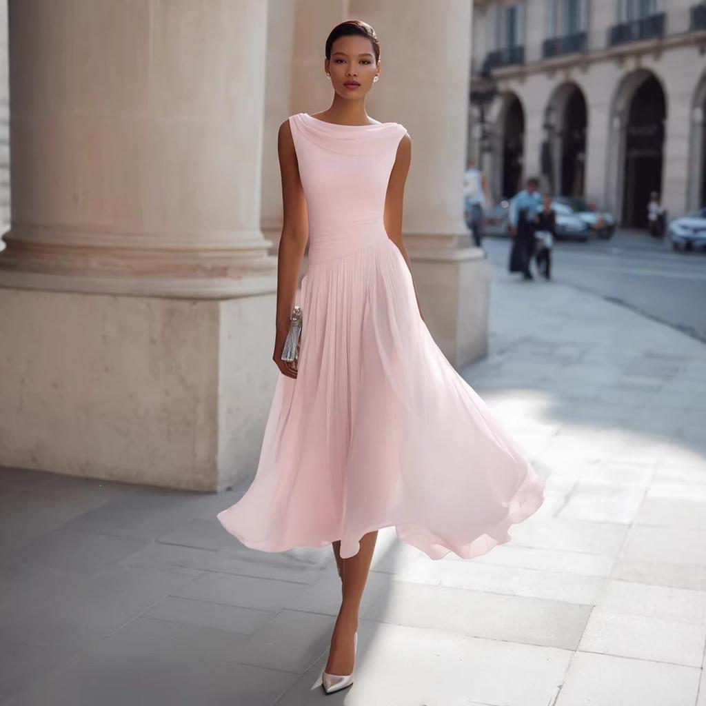 Women's Cowl Neck Sleeveless Maxi Dress Slim Fit Mid Waist Elegant Pleated Solid Color Party Vacation Wedding Guest Dress