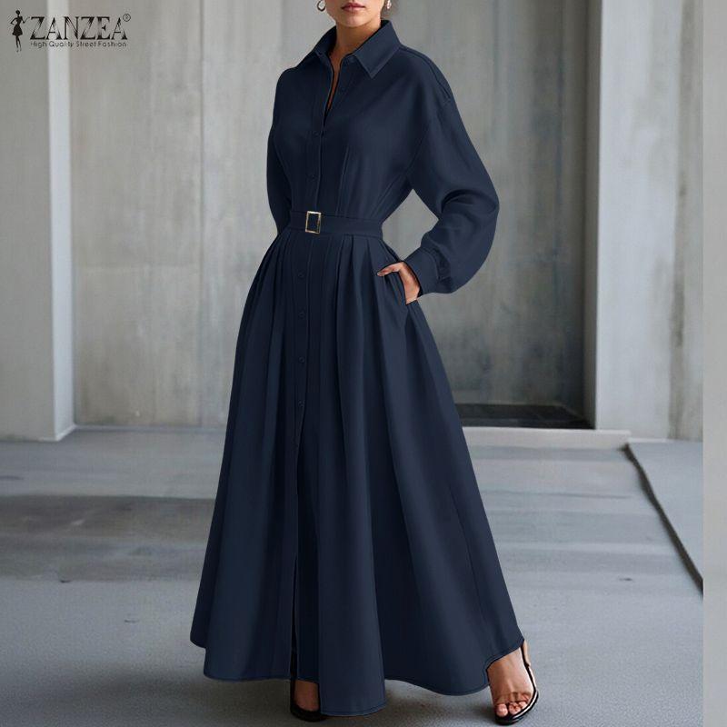 ZANZEA Damen Umlegekragen Langarm Casual Long Shirt Kleid