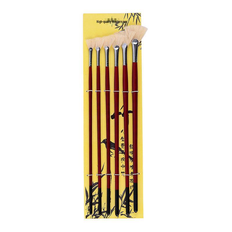 6-Piece Hog Bristle Fan Brush Set for Gouache, Watercolor & Oil Painting