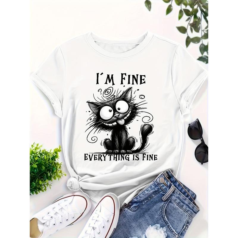 European Size Vintage "I'm Fine, Everything'S Fine" Cat Graphic T Shirt- Light Blue Casual Short Sleeve Crew Neck, Casual Women'S Multifunctional