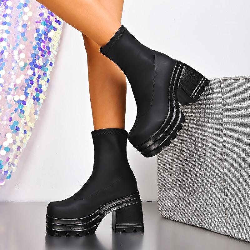 Fashion 10.5 Cm Chunky Heeled Sock Boots for Women Slip On Stretch Fahric Minimalist Platform Boots Goth Mid Calf Comfortable