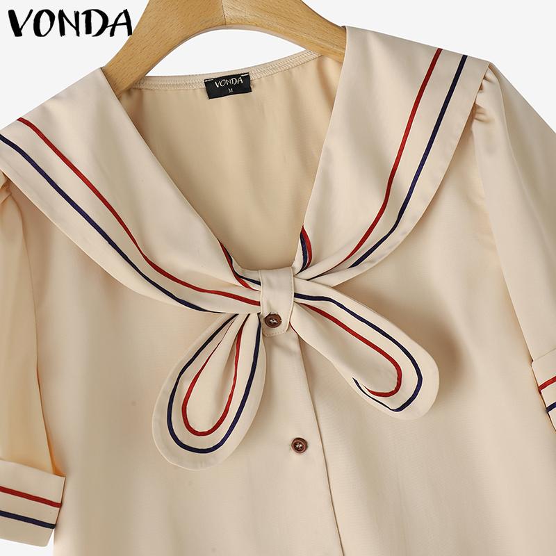 VONDA Summer Women Navy Neck Short Sleeve Stitching Striped Buttons Casual Blouse Tops