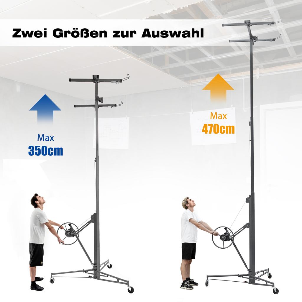 Drywall Lifter for Wall Panels and Ceiling Mounting: Load Capacity 68 kg, Height 140-335 cm Adjustable, Foldable, 3 Brake Wheels