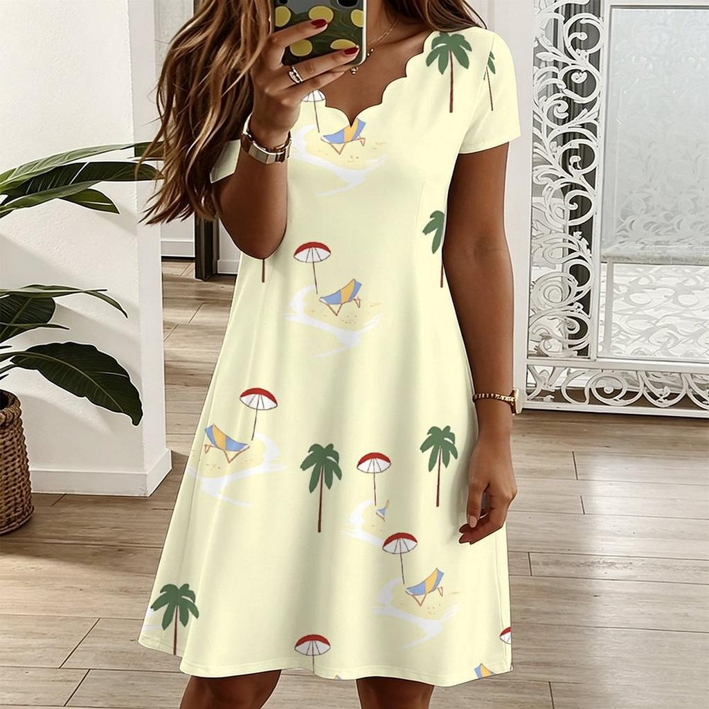 Ladies V Neck Elegant Lotus Floral Printed Plus Size Summer Short Sleeve Gown