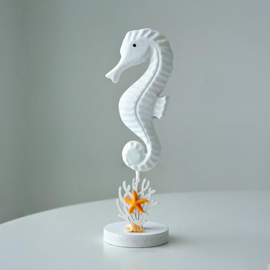 Wooden Seahorse Ornament with Round Base Rustic Seashell Starfish Seahorse Figurine Home Coastal Beach House Decoration