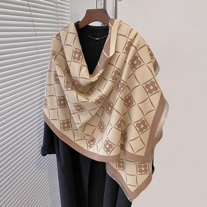 double-sided imitation cashmere geometric square flower print thickened warm scarf air-conditioned room shawl outside