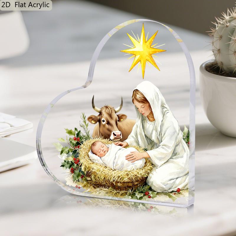 1pc Heart-Shaped Acrylic Nativity Scene Tabletop Decor - Mary & with Cow & Star of Bethlehem, Ornament for Christmas 10*10cm