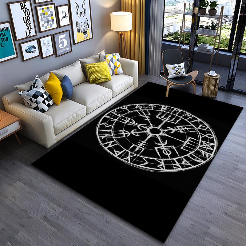 Area Rug, Viking Vegvisir Runic Compass White Sketch Black Background Poster, Living Room Decor, Non-Slip Mat