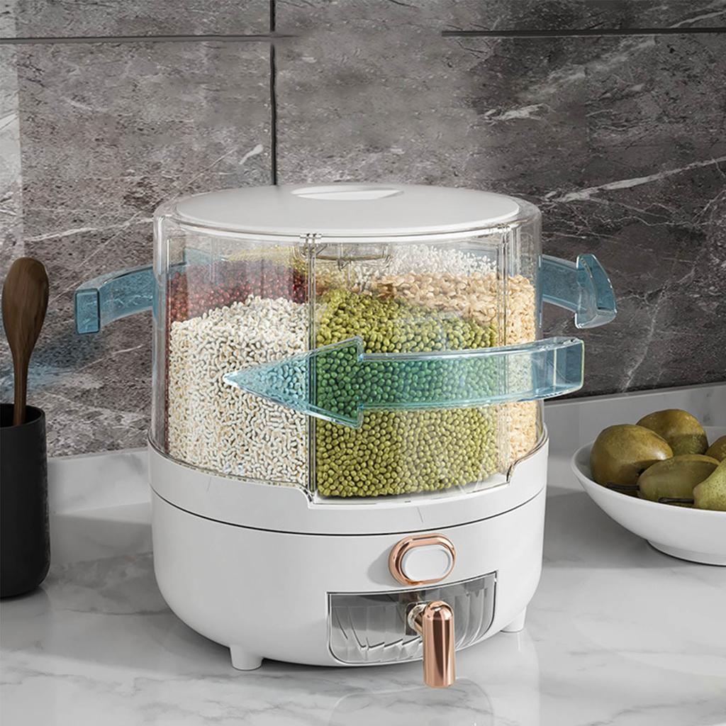360 Degree Rotating Grain Dispenser Plastic 6 Compartments Kitchen Storage Container for Rice Beans White
