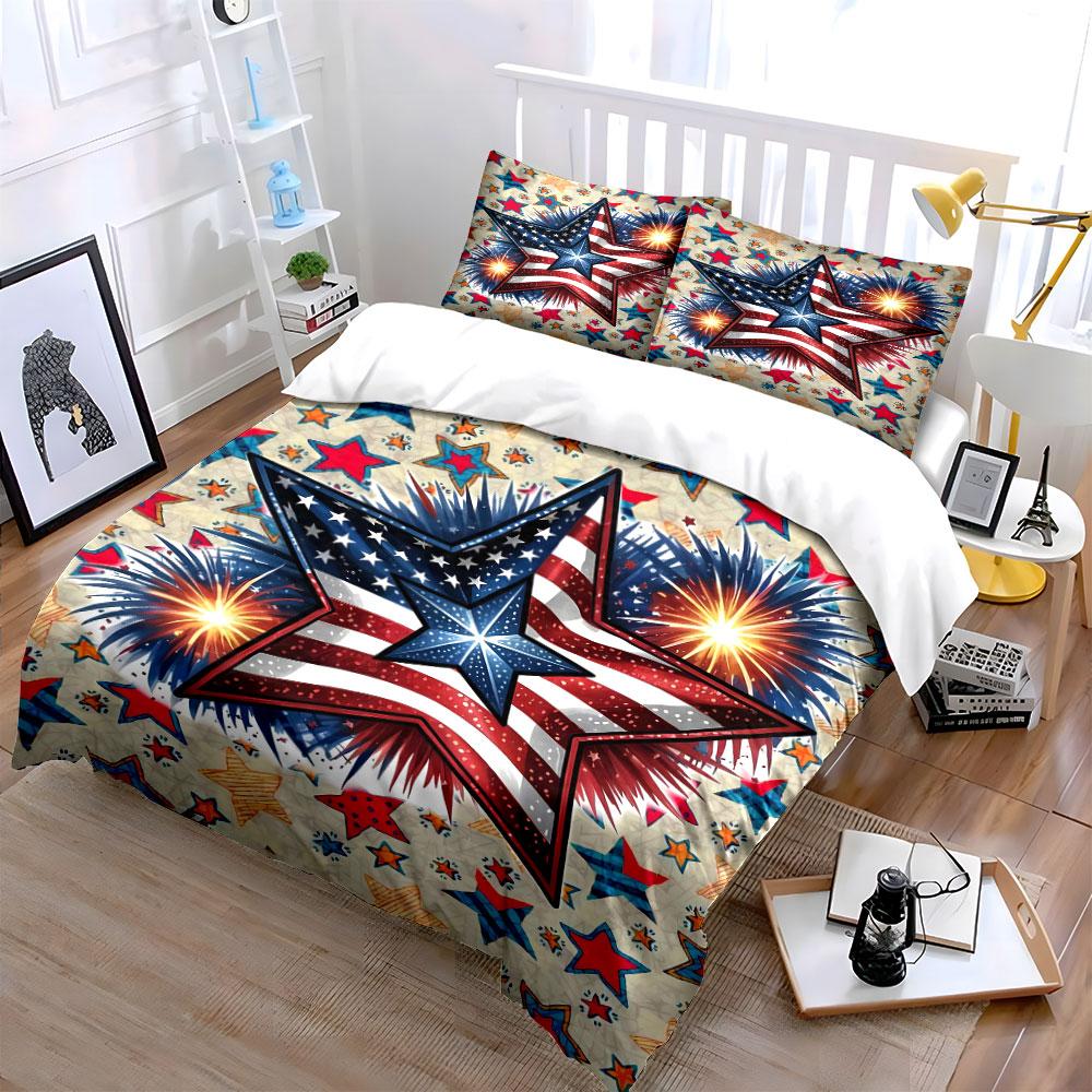 Patriotic Star Firework Design Bedding Duvet Cover Set Duvet Cover Pillowcases (1 * Duvet Cover 2 * Pillowcases, without duvet insert)