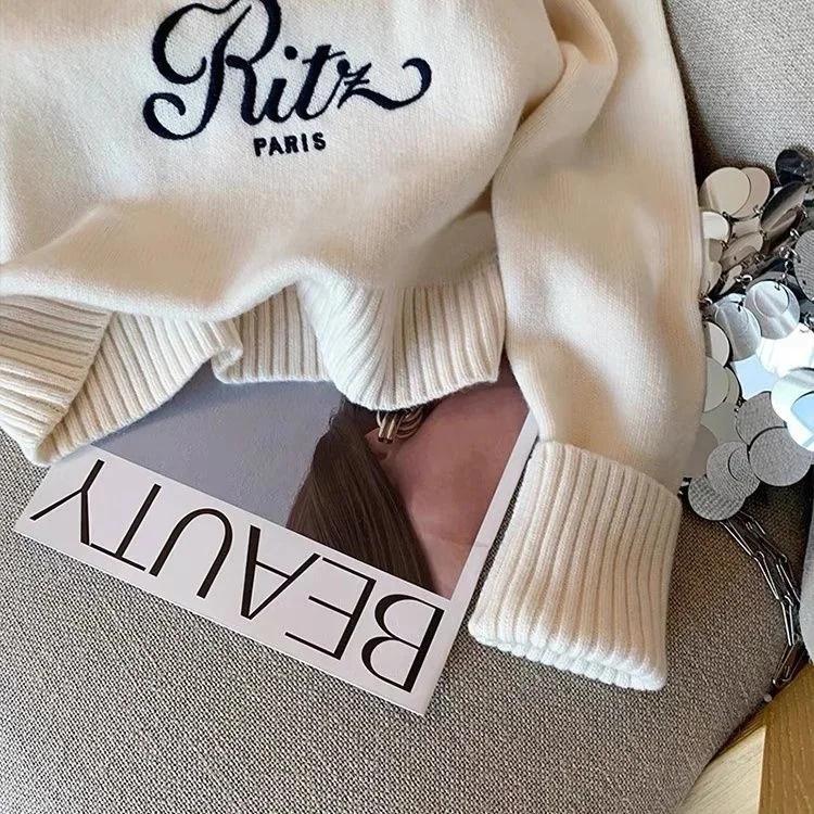 Buchstaben Stickerei Pullover Damen Frühling Herbst Rundhals Langarm Strickwaren Jumper Weiblich Korea Lässig Print Design Oberteile