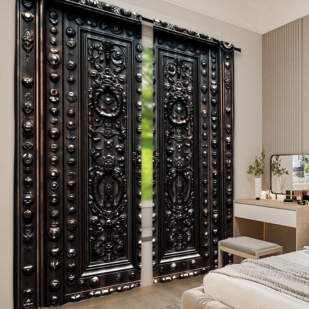 Set Of 2 Black Curtains Door Pattern Printed Suitable Bedroom Kitchen Dining Room Living Study Office Curtain For Sitting Made Polyester