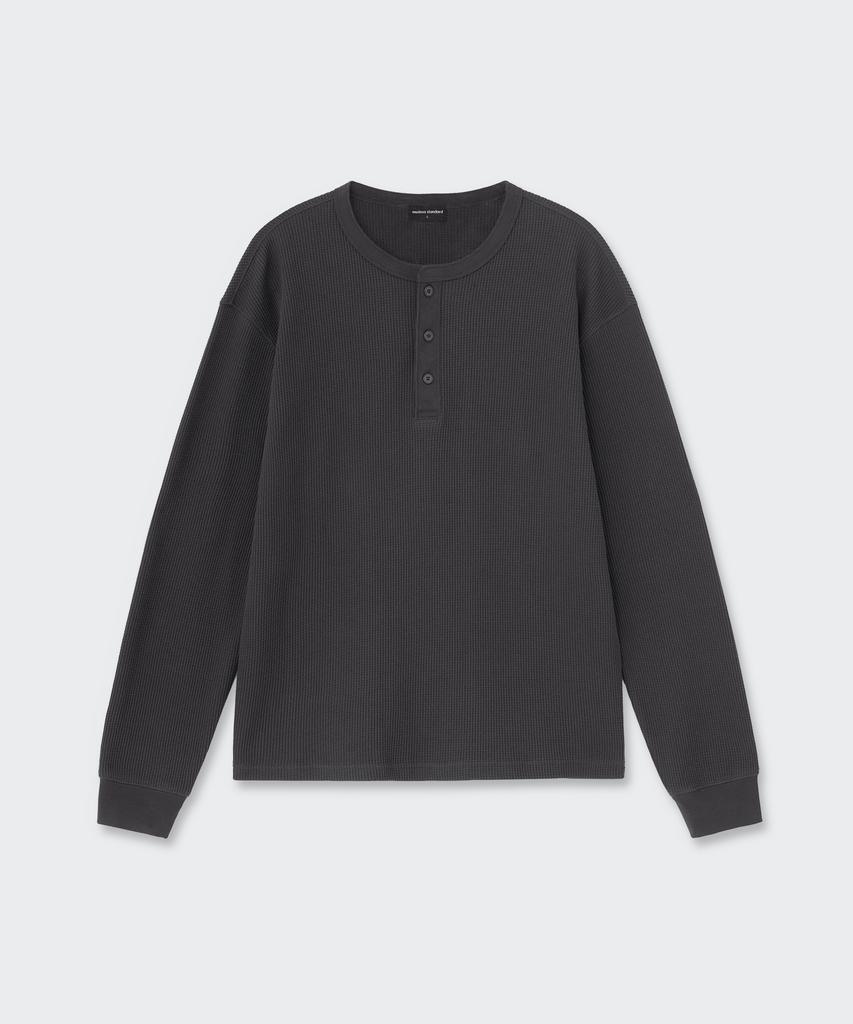 MUSINSA STANDARD Waffle Henley Neck Long Sleeve T-Shirt [Dark Gray]
