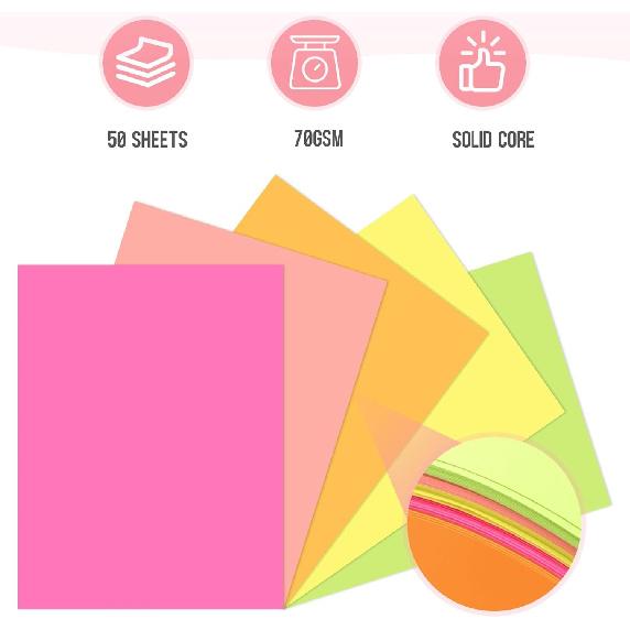 50 Sheets Neon Printer Paper 8.5 x 11 Assorted Colored Copy Computer Paper 20 lb A4 70 gsm Fluorescent Construction Paper for Printing