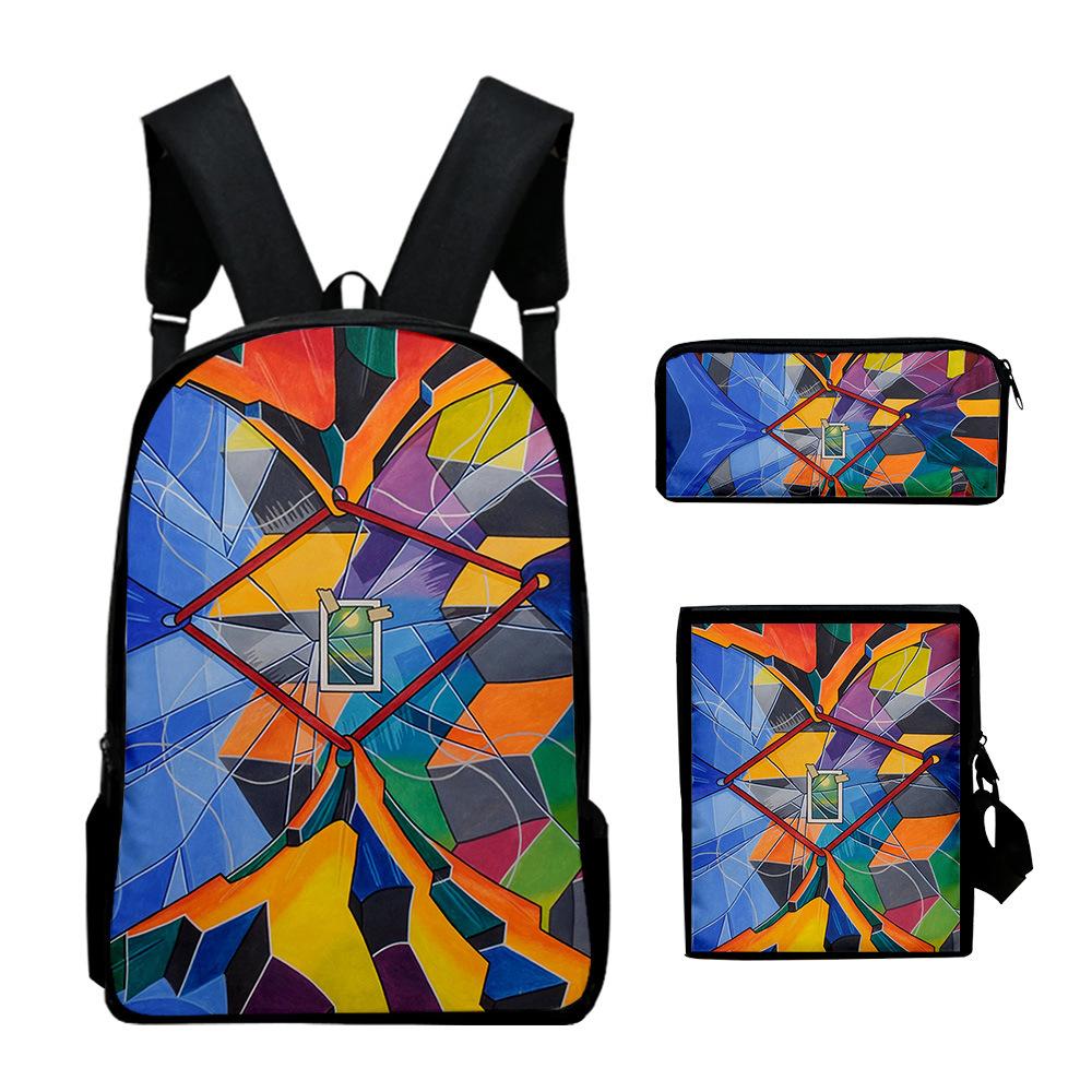 Classic Novelty Creative color blocking 3D Print 3pcs/Set School Bags Laptop Daypack Backpack Inclined shoulder bag Pencil Case
