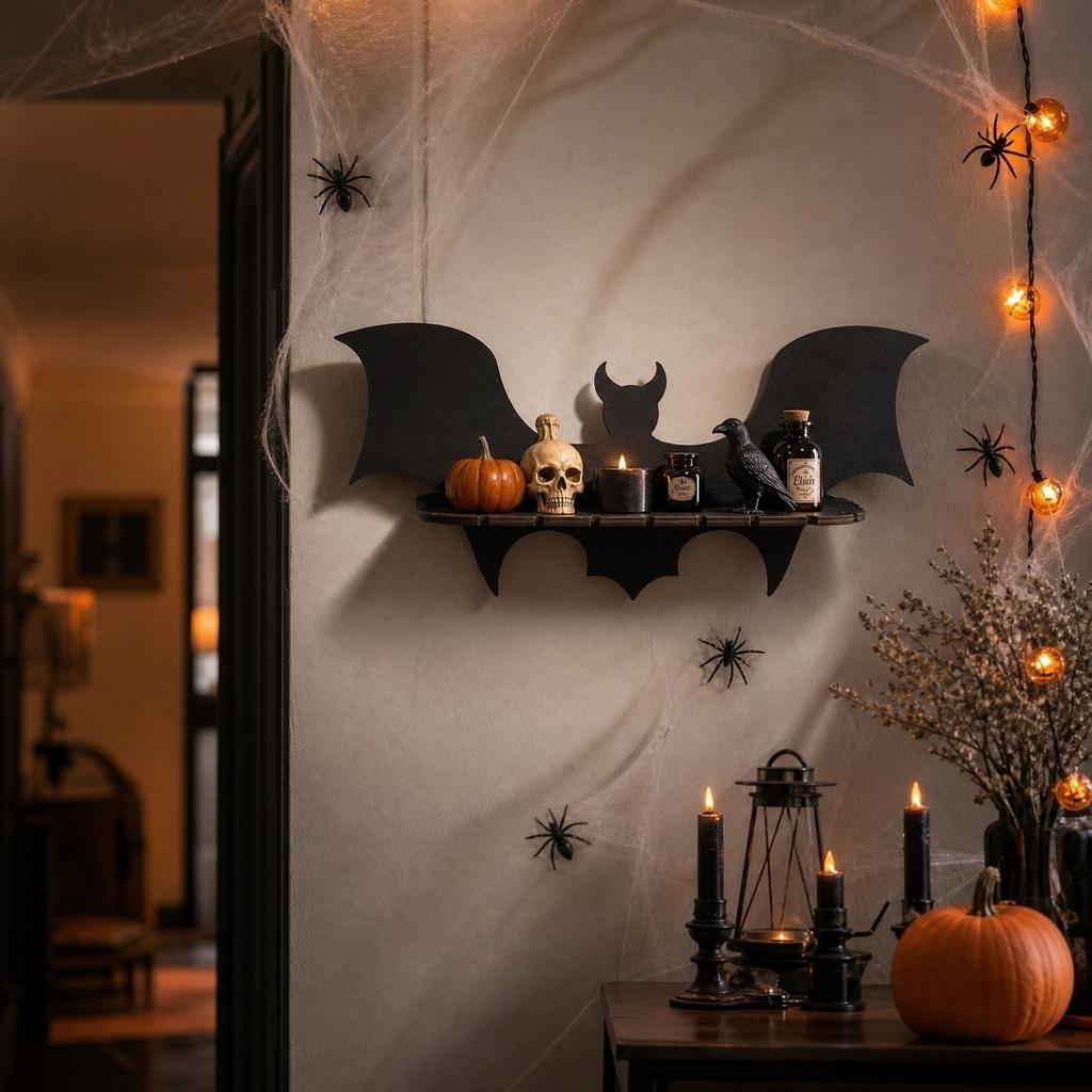 Wooden Wall Mounted Display Shelf Bat Shape Design Decorative Storage Rack for Seasonal Home Organization and Display