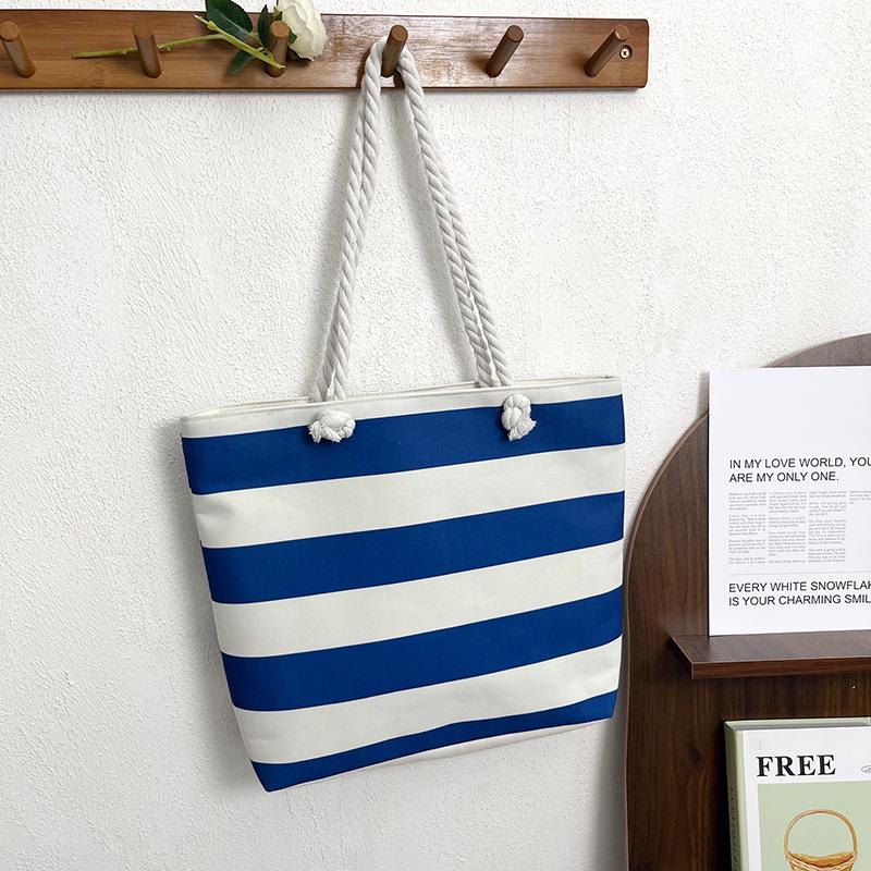 Versatile Striped Canvas Beach & Shopping Bag with Lightweight Cotton Rope Handles