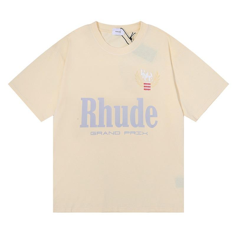 T-shirt a maniche corte trendy transfrontaliera 23SS del marchio RHUDE con micro-etichetta e stampa di lettere per uomo e donna, stile high street americano, vestibilità larga, per coppia