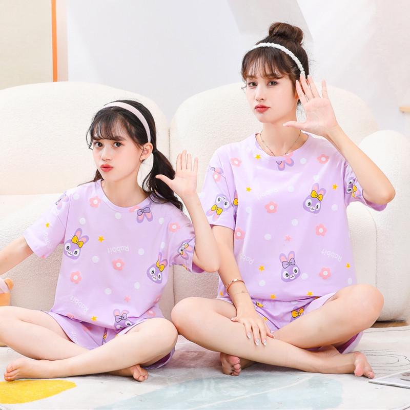 Set de casă de vară din bumbac pur cu desene animate cu prințese, mamă-fiică, cu mânecă scurtă