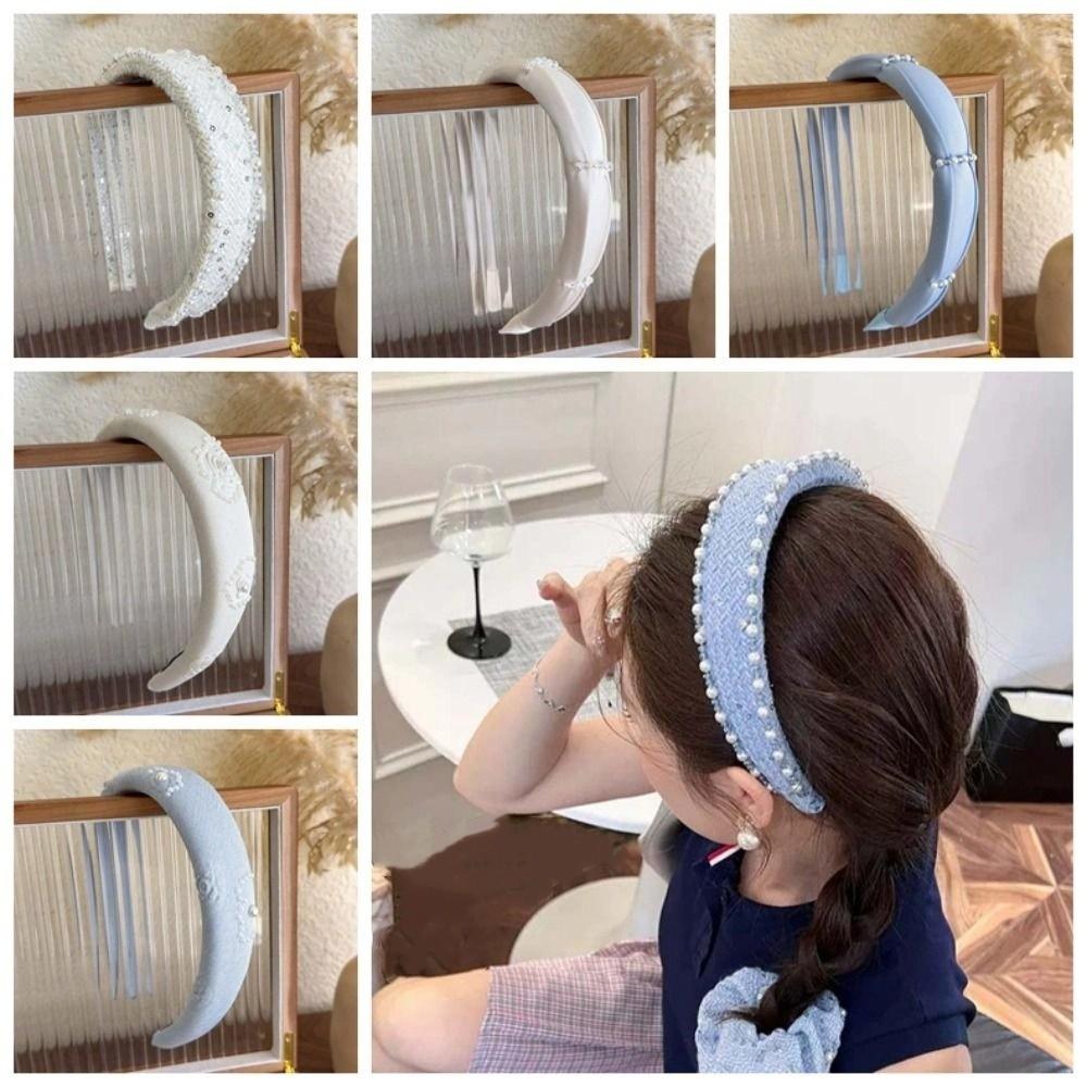 French Style Pearls Cloth Hair Hoop Rose Print Beige Blue Hair Band Beads Crystal Headband  Outdoor