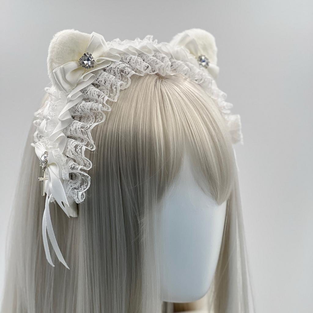 Lolita Headwear Cat Ear Love Rhinestone Headband Goth Punk Bow Headband Abi Cos Lace Hair Accessories